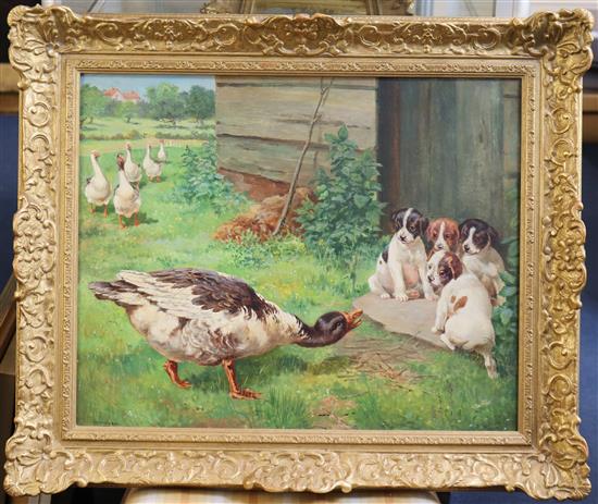 George Derville Rowlandson (1861-1928) Geese and puppies 17 x 21.5in.